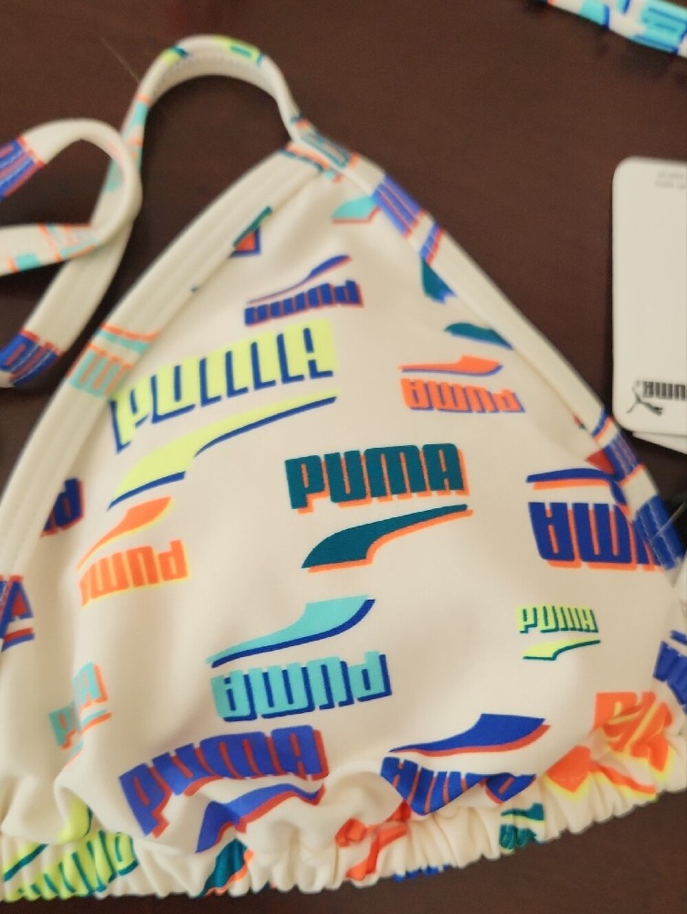 Puma Girls' White Triangle Bikini Top with Multicolor Logo Print